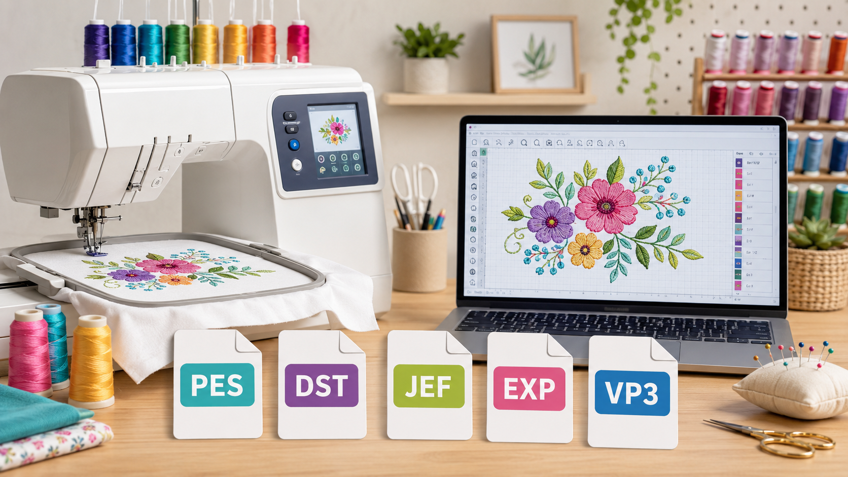 Máquina de bordar y computadora con diseño floral junto a archivos PES, DST, JEF, EXP y VP3