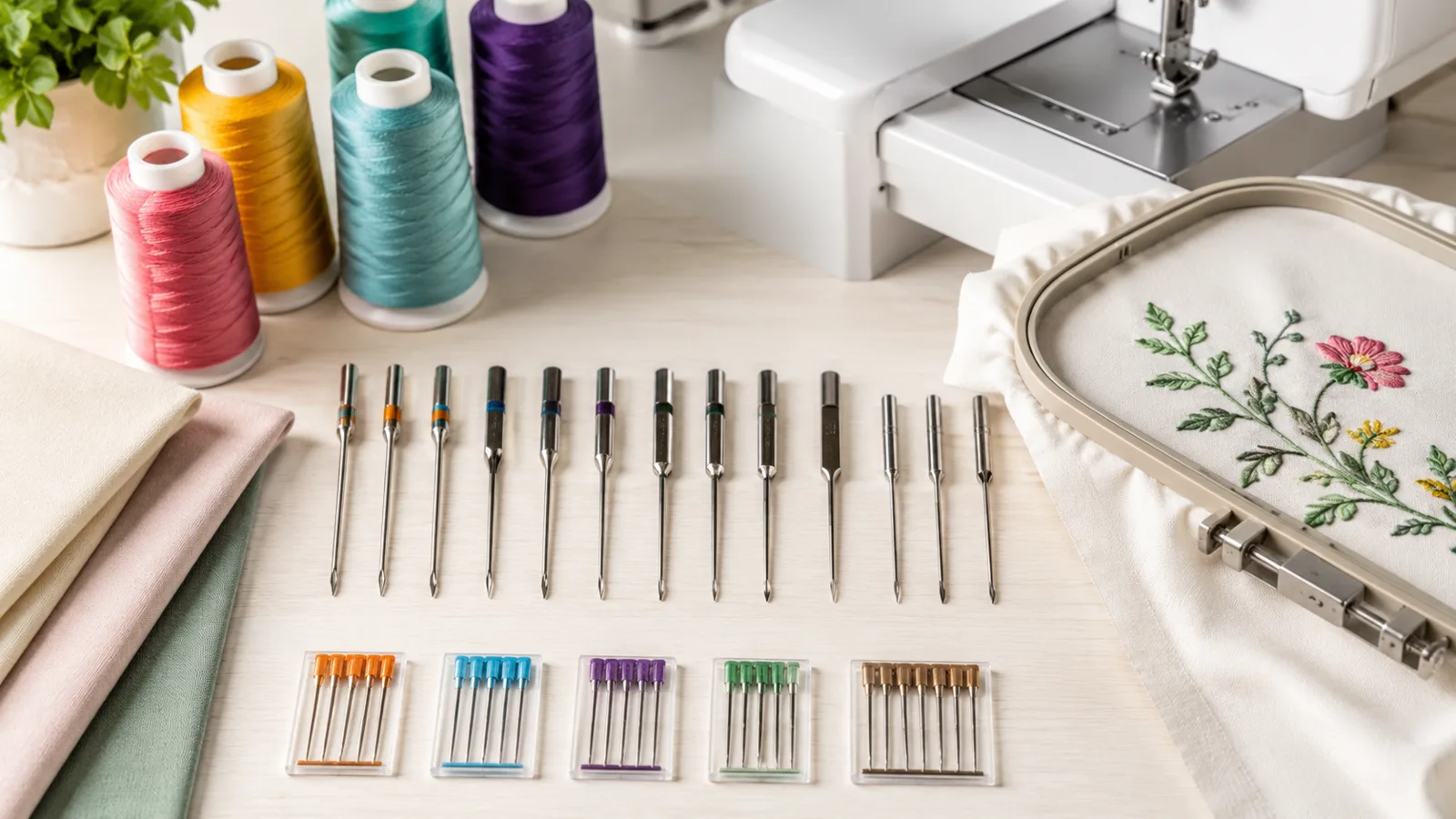 Agujas para bordado a máquina de distintos tipos y tamaños junto a hilos, telas y una muestra floral bordada
