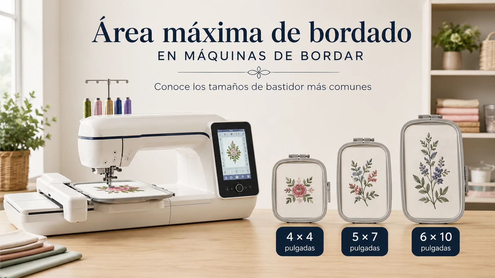 Máquina de bordar junto a bastidores de 4 × 4, 5 × 7 y 6 × 10 pulgadas para comparar sus áreas máximas de bordado.
