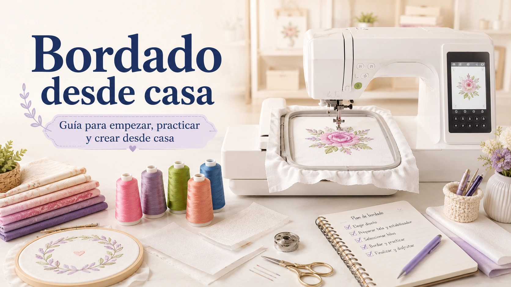 Máquina de bordar en un espacio de trabajo en casa, con hilos, telas, bastidor y materiales de bordado.