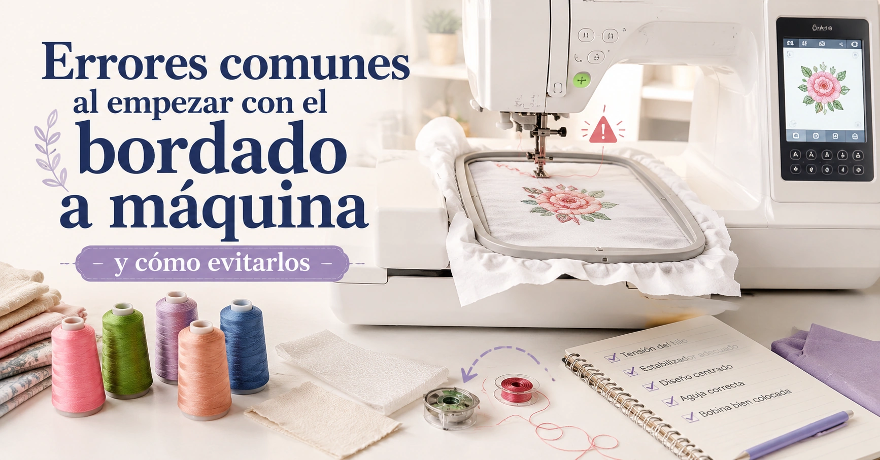 Máquina de bordado con diseño floral, hilos, bobinas y lista de comprobación sobre errores comunes al comenzar a bordar a máquina.