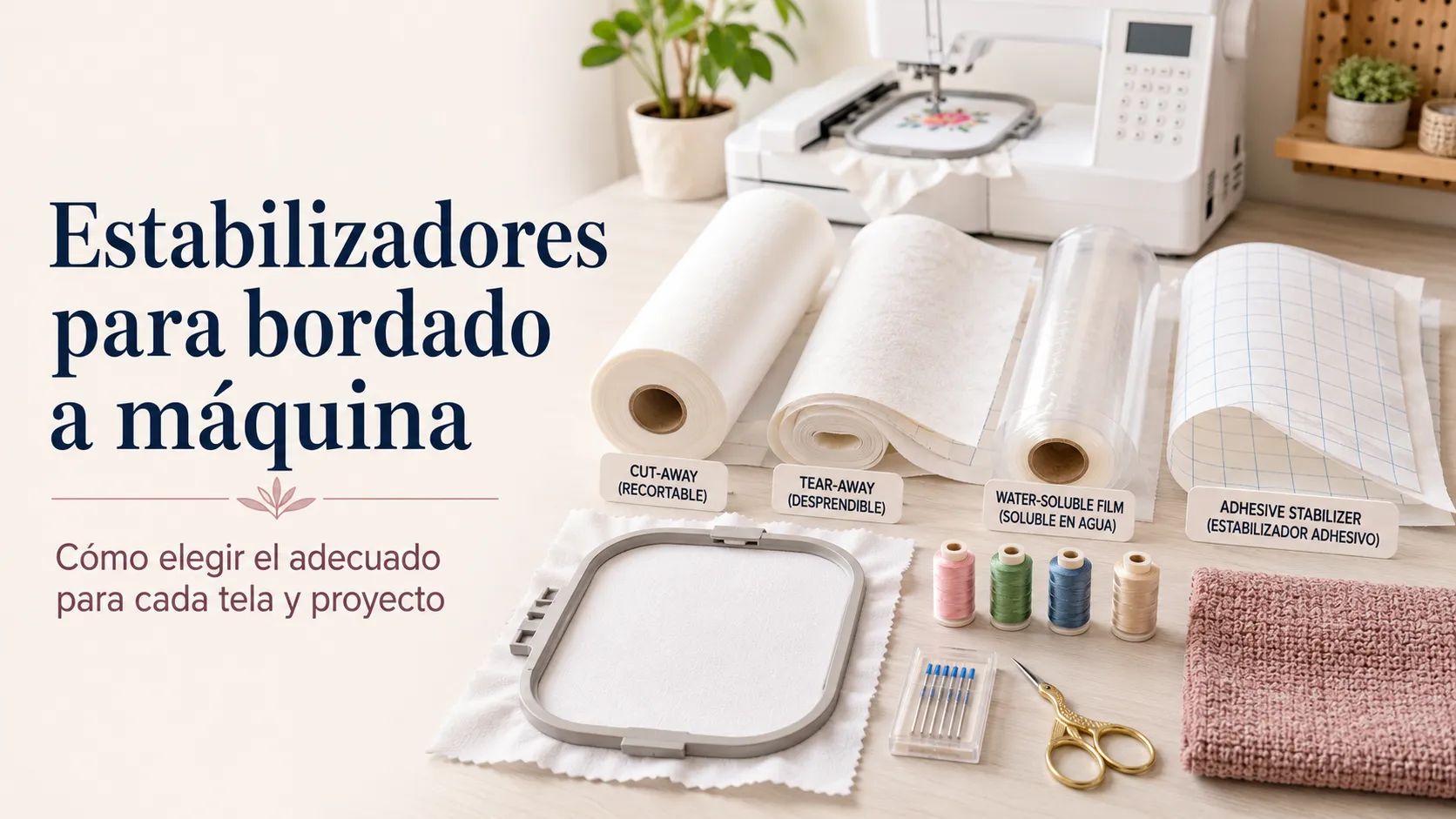 Rollos y hojas de estabilizadores para bordado junto a un aro, tela y máquina de bordar