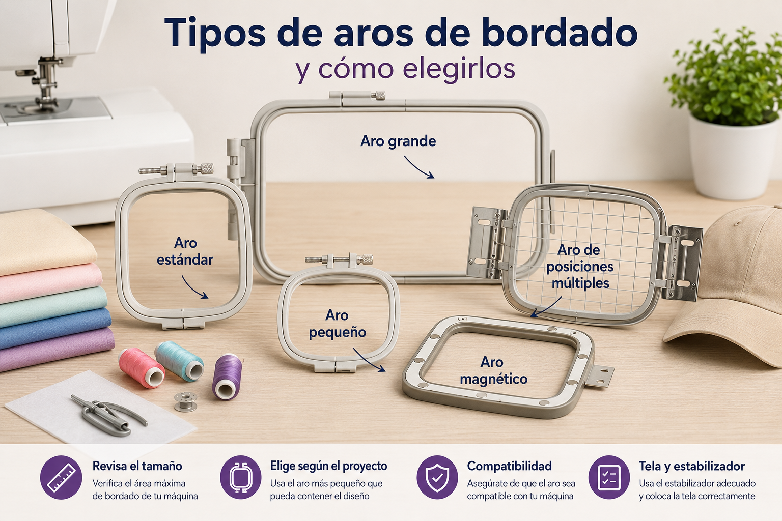 Tipos de aros de bordado: estándar, pequeño, grande, magnético y de posiciones múltiples