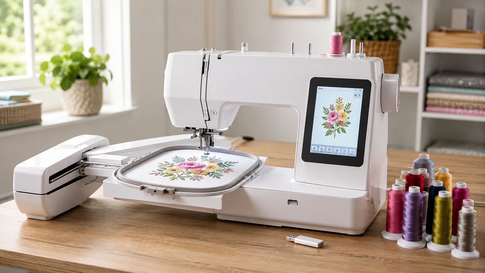 Máquina de bordar para principiantes con pantalla táctil, aro de bordado, hilos y memoria USB.